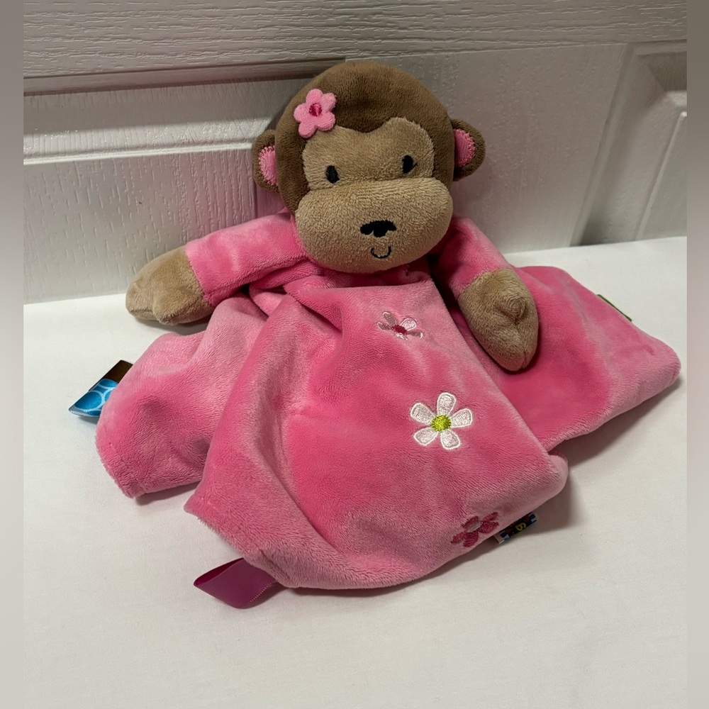 Taggies Pink and Brown Plush Monkey Security Blankie Toy Lovey. 15x15”